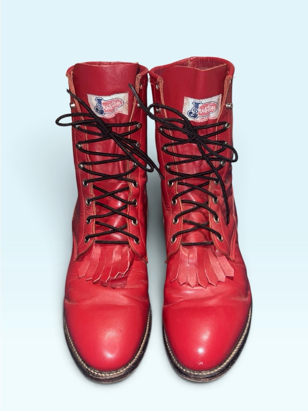 Vintage Justin L503 Red Leather Lace-Up Roper Kiltie Boots Size 12D EUC